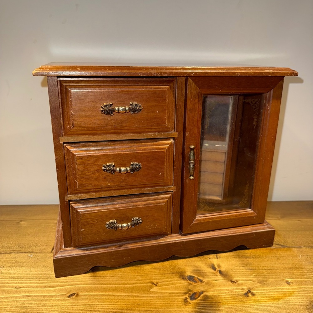 Vintage Style Wooden Jewelry Armoire Box 3 Drawer Glass Door Necklace Organizer
